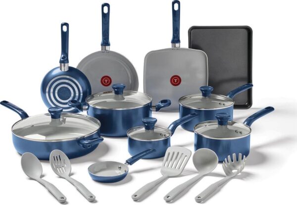 T-fal Easy Care Ceramic, 20 Piece Pots and Pans Cookware Set, Electric Blue