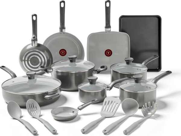 T-fal Easy Care Ceramic, 20 Piece Pots and Pans Cookware Set, Stone Grey