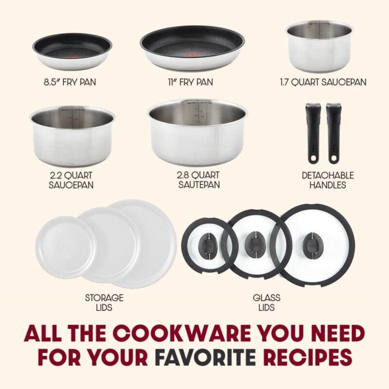 T-fal Ingenio Expertise 13 Piece Nonstick Cookware Set, Induction Oven Safe 500F, Pots and Pans, RV, Detachable Handle, Black - Image 3