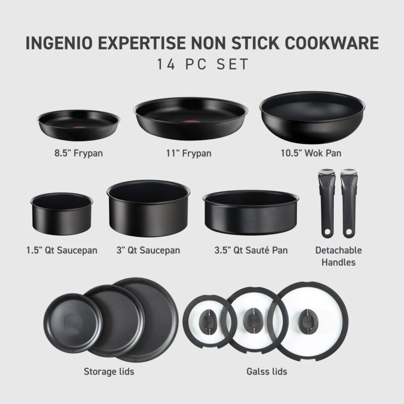 T-fal Ingenio Expertise 14 Piece Nonstick Cookware Set, Induction Oven Safe 500F, Pots and Pans, RV, Detachable Handle, Onyx Black - Image 2