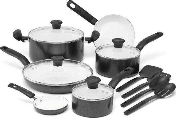 T-fal Initiatives Ceramic Cookware, 14 piece Set, Black