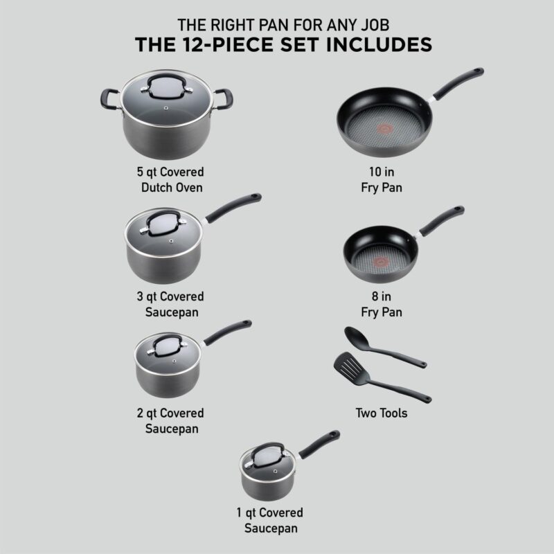 T-fal Ultimate Hard Anodized Titanium Nonstick Cookware, 12 Piece Set, Grey - Image 2