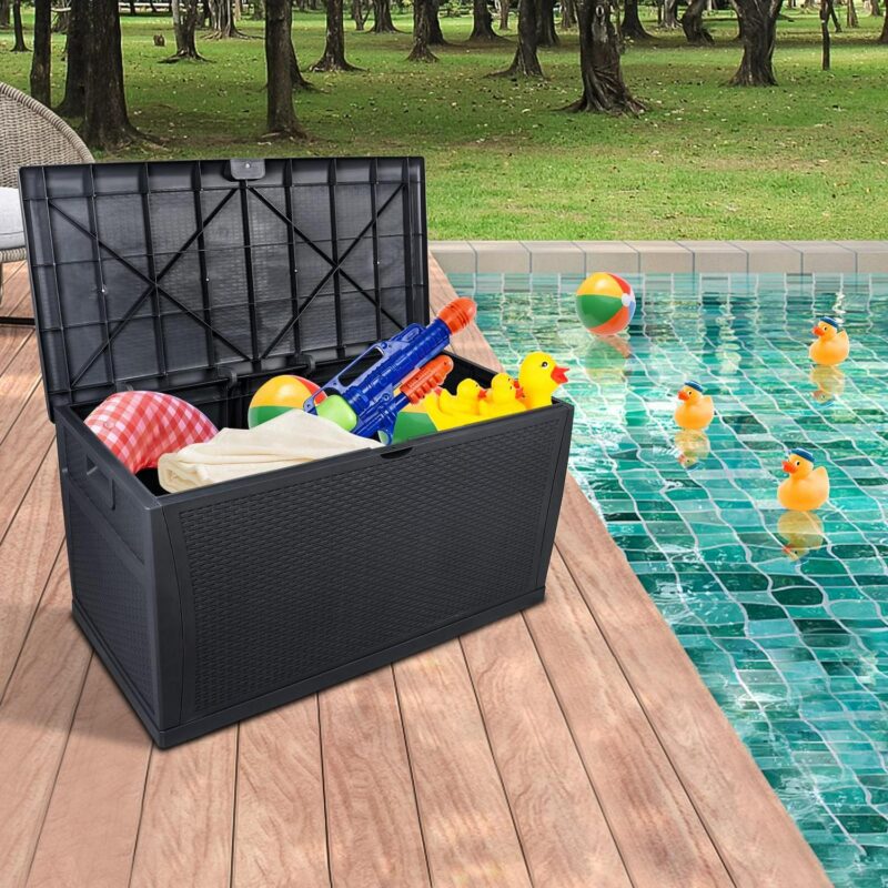 Tenozek 120 Gallon Outdoor Plastic Deck Box, Storage for Garden Tools, Outdoor Cushions, Pool Toys-Waterproof, Lockable, Black - Image 3