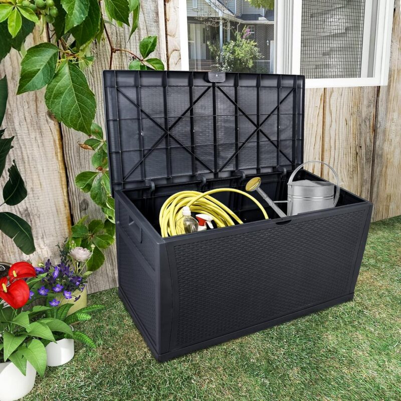 Tenozek 120 Gallon Outdoor Plastic Deck Box, Storage for Garden Tools, Outdoor Cushions, Pool Toys-Waterproof, Lockable, Black - Image 4