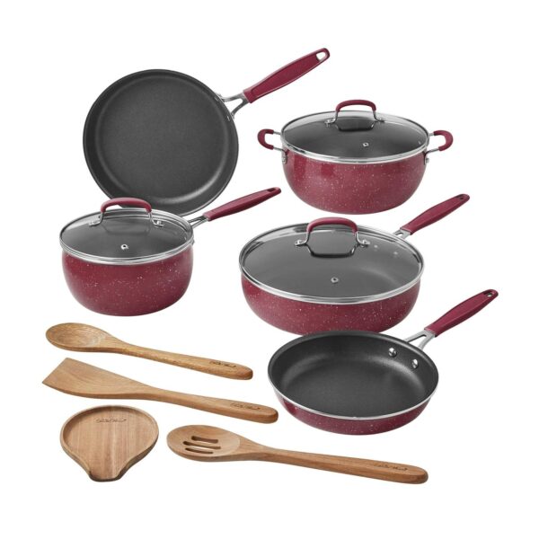 The Pioneer Woman Frontier Speckle 12-Piece Aluminum Cookware Set, Merlot