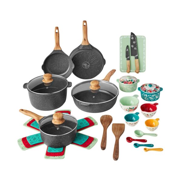 The Pioneer Woman Prairie Signature 30-Piece Cast Aluminum Cookware Set, Charcoal Speckle