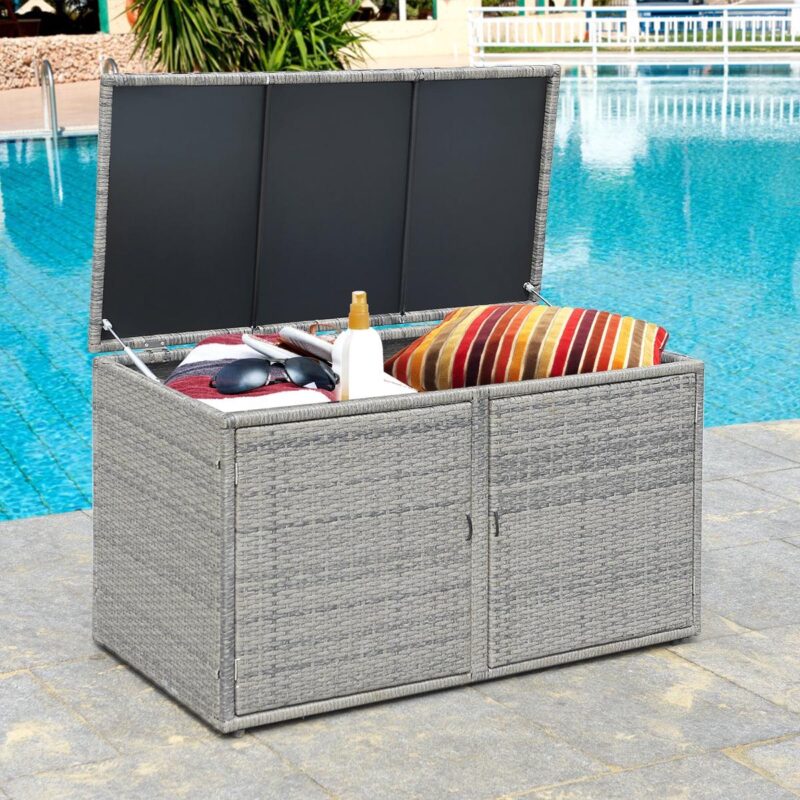 Topbuy Outdoor Rattan Storage Box Patio Wicker Storage Bin Cabinet 88 Gallon Gray - Image 2