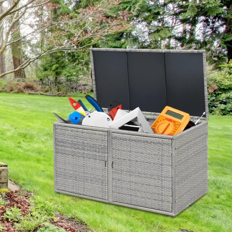 Topbuy Outdoor Rattan Storage Box Patio Wicker Storage Bin Cabinet 88 Gallon Gray - Image 3