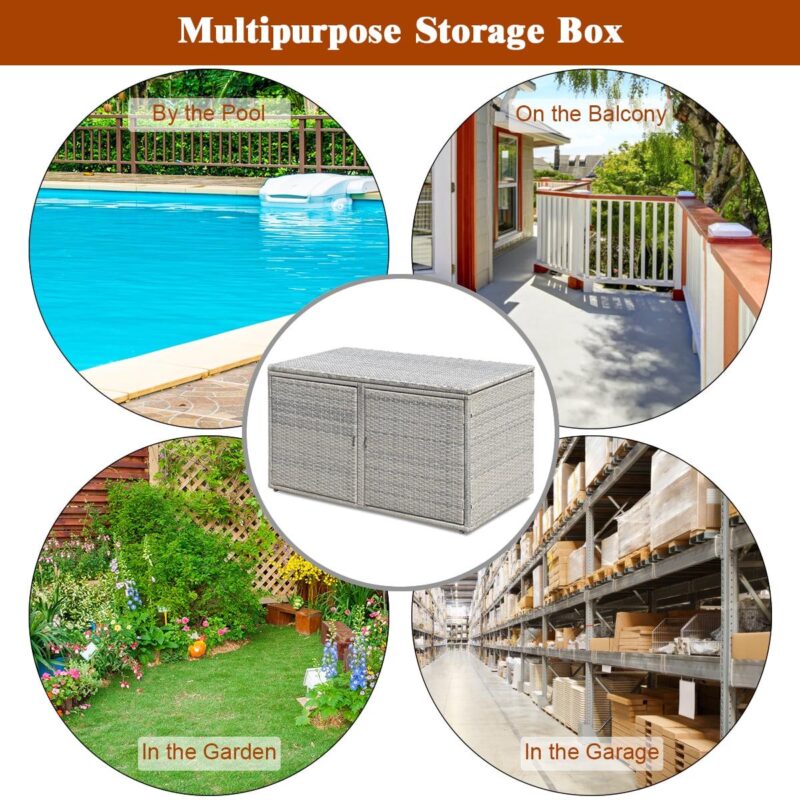 Topbuy Outdoor Rattan Storage Box Patio Wicker Storage Bin Cabinet 88 Gallon Gray - Image 4