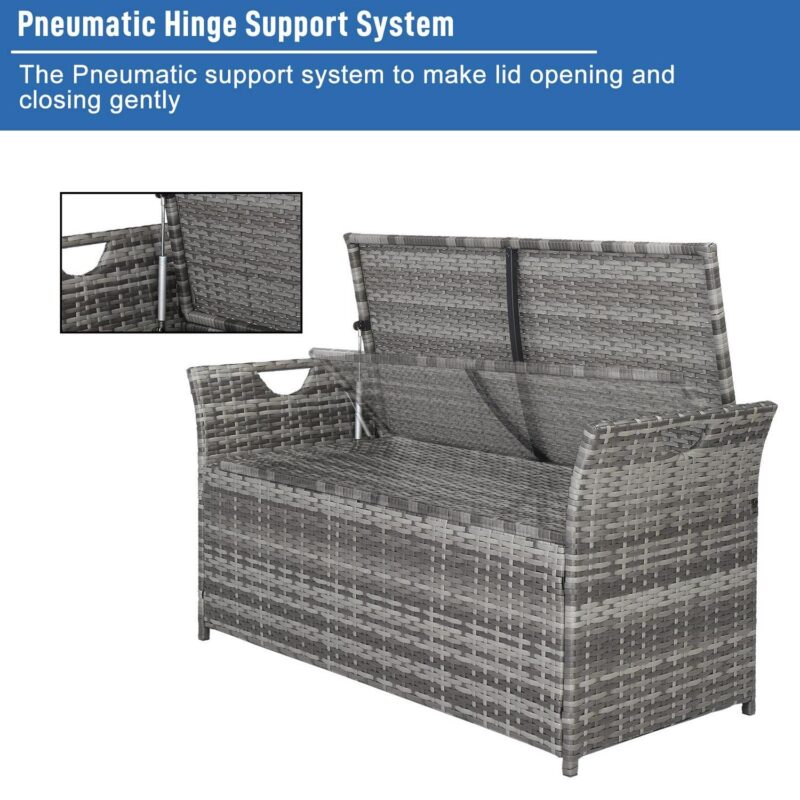 UBesGoo 33 Gallon 2 in 1 Rattan Storage Box, Deck Box, Wicker Bench with Cushion, Grey Rattan and Beige Cushion - Image 9