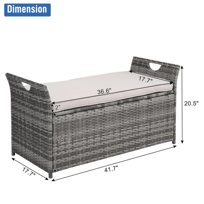 UBesGoo 33 Gallon 2 in 1 Rattan Storage Box, Deck Box, Wicker Bench with Cushion, Grey Rattan and Beige Cushion - Image 10