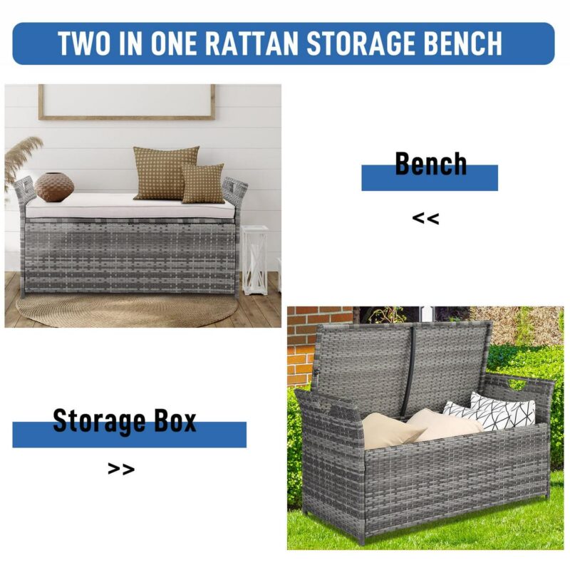 UBesGoo 33 Gallon 2 in 1 Rattan Storage Box, Deck Box, Wicker Bench with Cushion, Grey Rattan and Beige Cushion - Image 11