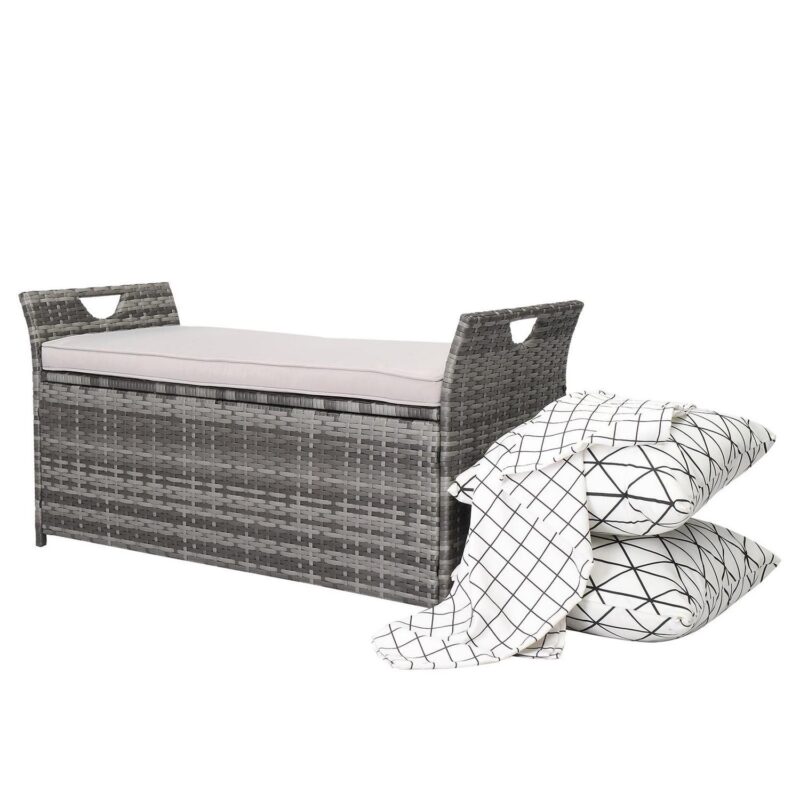 UBesGoo 33 Gallon 2 in 1 Rattan Storage Box, Deck Box, Wicker Bench with Cushion, Grey Rattan and Beige Cushion - Image 8