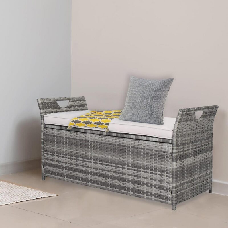 UBesGoo 33 Gallon 2 in 1 Rattan Storage Box, Deck Box, Wicker Bench with Cushion, Grey Rattan and Beige Cushion