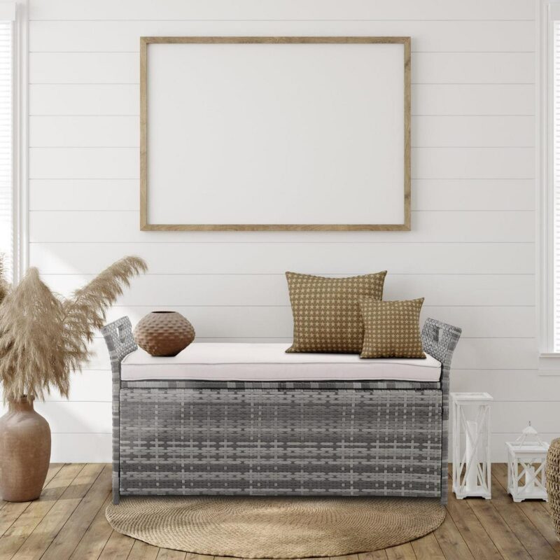 UBesGoo 33 Gallon 2 in 1 Rattan Storage Box, Deck Box, Wicker Bench with Cushion, Grey Rattan and Beige Cushion - Image 4