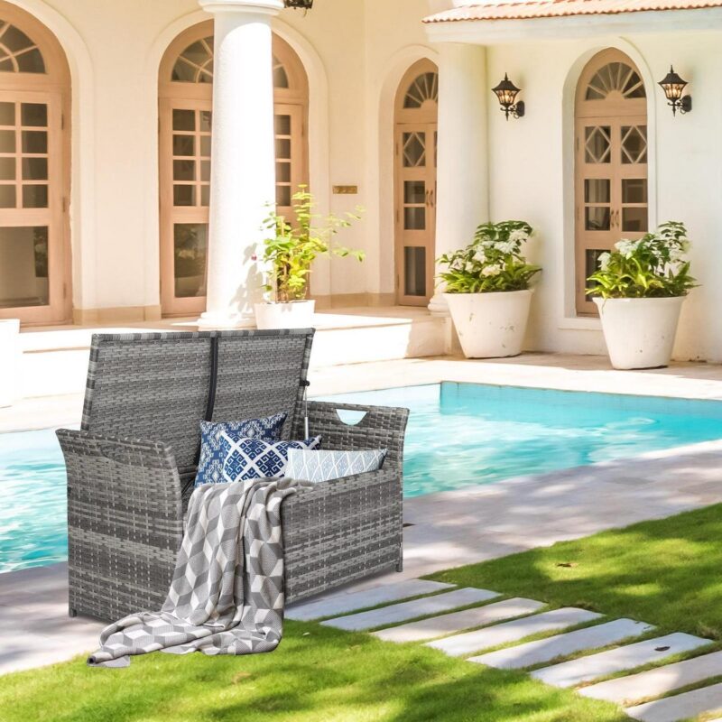 UBesGoo 33 Gallon 2 in 1 Rattan Storage Box, Deck Box, Wicker Bench with Cushion, Grey Rattan and Beige Cushion - Image 3