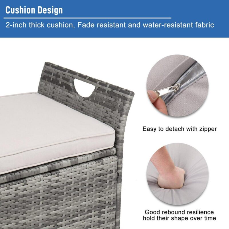 UBesGoo 33 Gallon 2 in 1 Rattan Storage Box, Deck Box, Wicker Bench with Cushion, Grey Rattan and Beige Cushion - Image 13