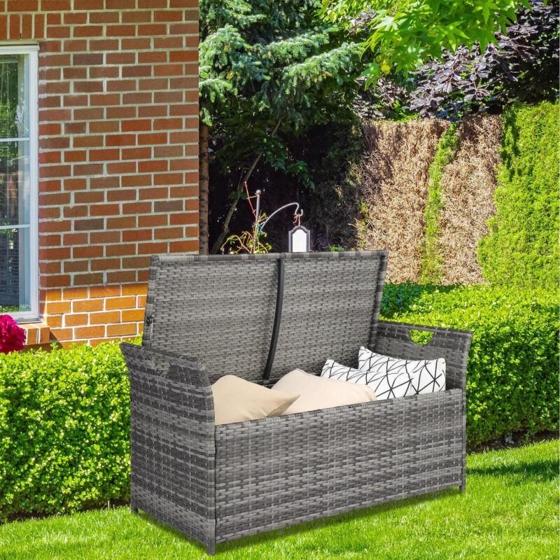 UBesGoo 33 Gallon 2 in 1 Rattan Storage Box, Deck Box, Wicker Bench with Cushion, Grey Rattan and Beige Cushion - Image 2