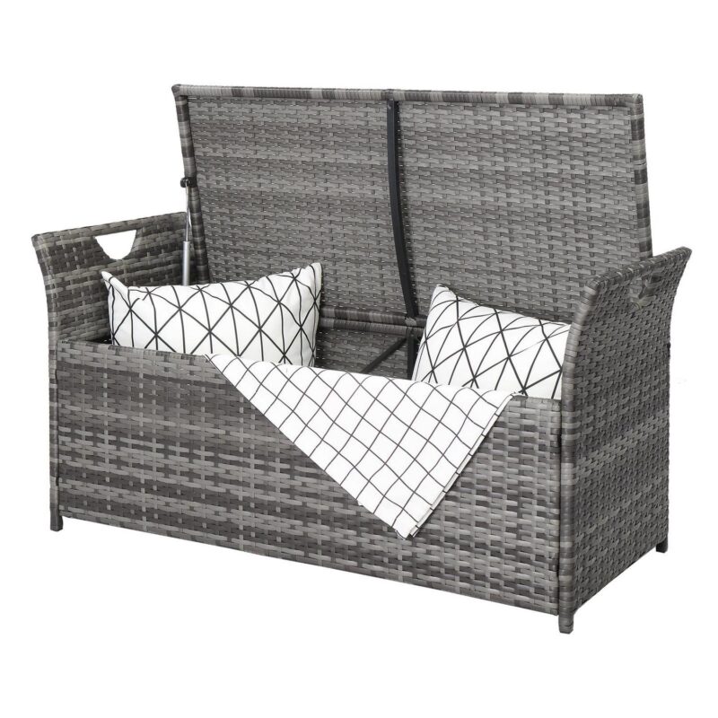 UBesGoo 33 Gallon 2 in 1 Rattan Storage Box, Deck Box, Wicker Bench with Cushion, Grey Rattan and Beige Cushion - Image 5