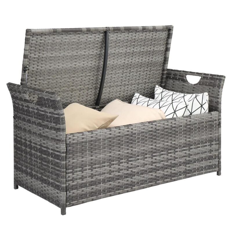 UBesGoo 33 Gallon 2 in 1 Rattan Storage Box, Deck Box, Wicker Bench with Cushion, Grey Rattan and Beige Cushion - Image 6