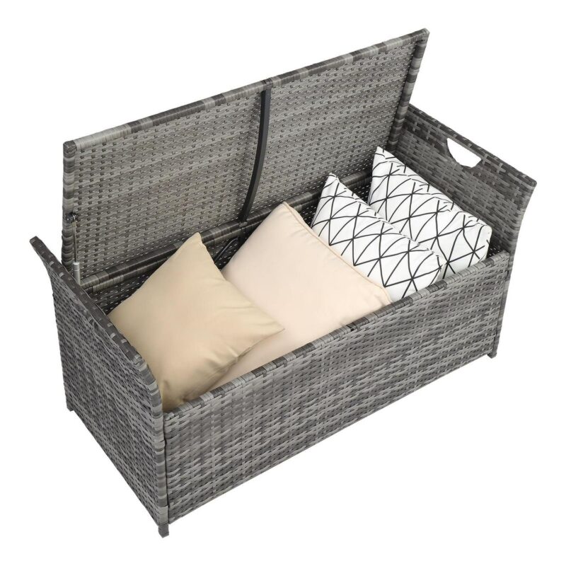 UBesGoo 33 Gallon 2 in 1 Rattan Storage Box, Deck Box, Wicker Bench with Cushion, Grey Rattan and Beige Cushion - Image 7