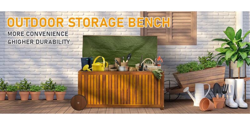 UBesGoo 57 Gallon Outdoor Wood Storage Container,Storage Deck Garden Box with 2 Wheels, Natural Wood Color - Image 9