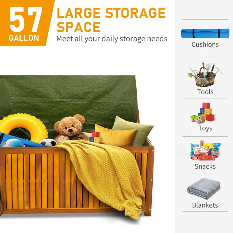 UBesGoo 57 Gallon Outdoor Wood Storage Container,Storage Deck Garden Box with 2 Wheels, Natural Wood Color - Image 6