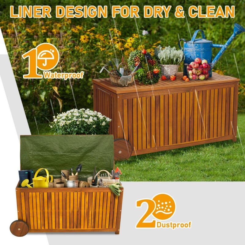 UBesGoo 57 Gallon Outdoor Wood Storage Container,Storage Deck Garden Box with 2 Wheels, Natural Wood Color - Image 4