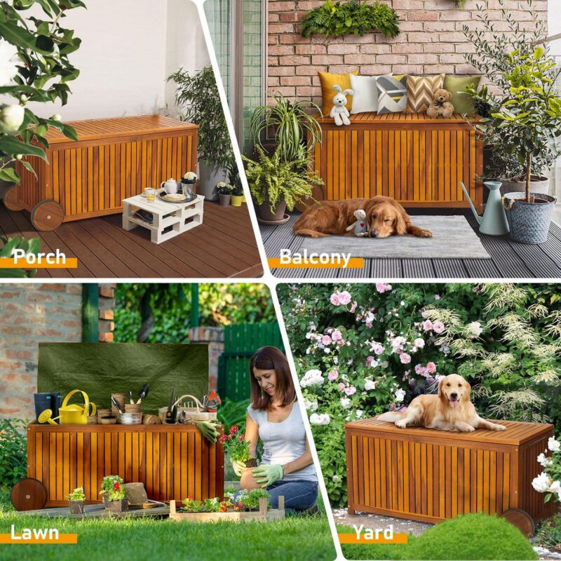 UBesGoo 57 Gallon Outdoor Wood Storage Container,Storage Deck Garden Box with 2 Wheels, Natural Wood Color - Image 8
