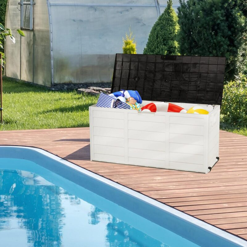 UBesGoo 75gal Outdoor Garden Plastic Storage Deck Box Chest Tools Cushions Toys Lockable Seat White - Image 9