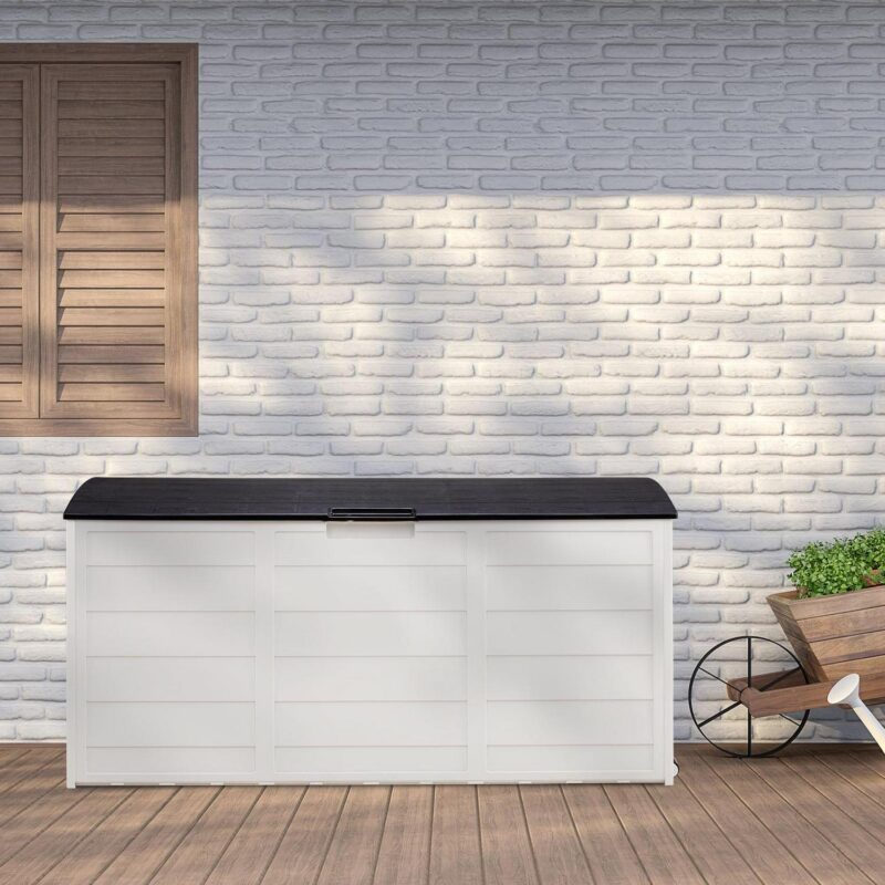 UBesGoo 75gal Outdoor Garden Plastic Storage Deck Box Chest Tools Cushions Toys Lockable Seat White - Image 8
