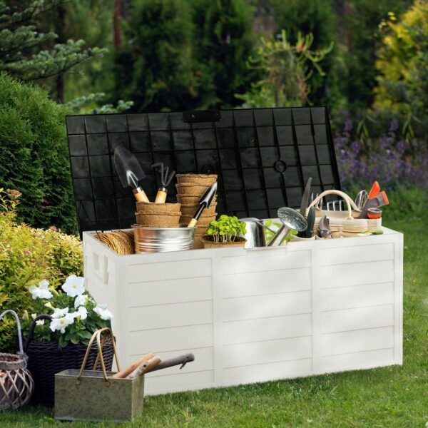 UBesGoo 75gal Outdoor Garden Plastic Storage Deck Box Chest Tools Cushions Toys Lockable Seat White