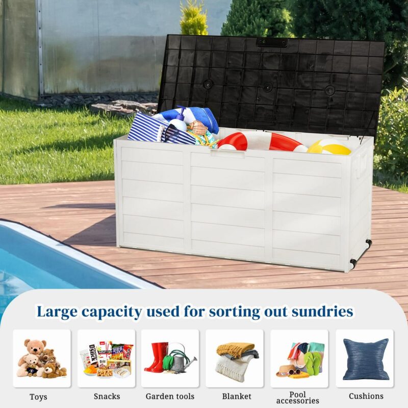 UBesGoo 75gal Outdoor Garden Plastic Storage Deck Box Chest Tools Cushions Toys Lockable Seat White - Image 7