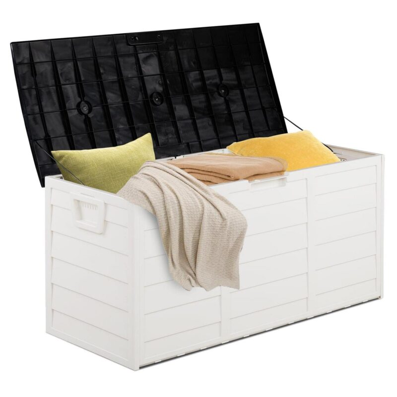 UBesGoo 75gal Outdoor Garden Plastic Storage Deck Box Chest Tools Cushions Toys Lockable Seat White - Image 4