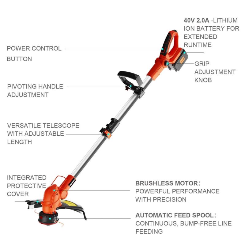 UKOKE ST2308 40V Professional Cordless Grass String Trimmer | Includes 2.0Ah Battery and Charger | 13-Inch Dual Line Feed | Brushless Motor | Ideal for Precision Lawn Trimming and Brush Cutting - Image 2