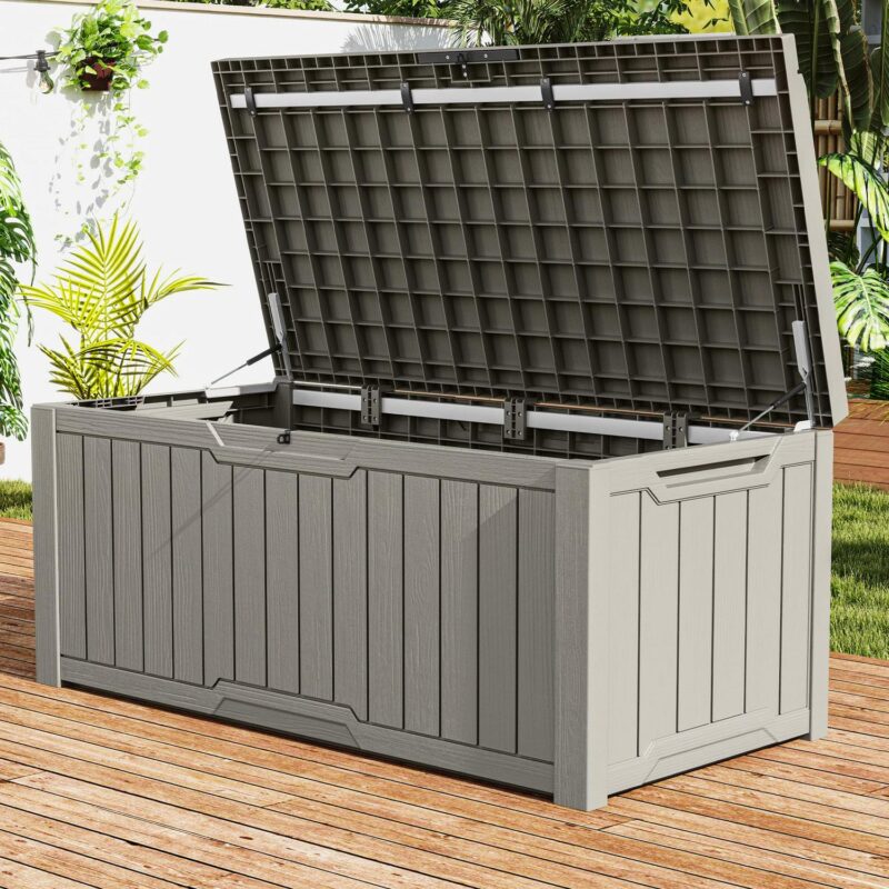 Uforic 120 Gallon Large Outdoor Patio Deck Box,All-Weather Resin Outdoor Storage Boxes with Cushion,Waterproof&Lockable, Light Brown