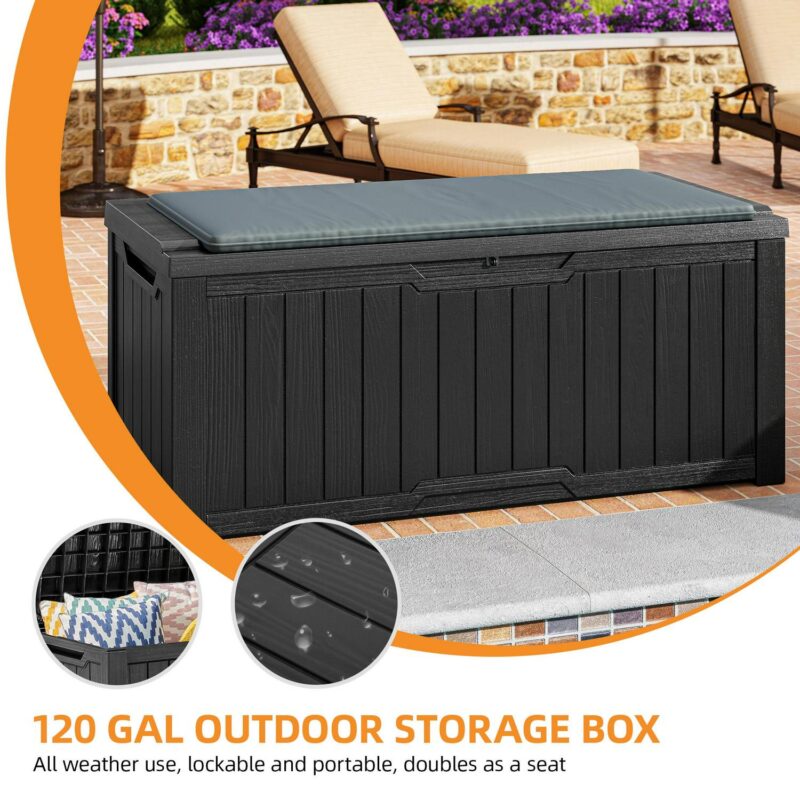Uforic 120 Gallon Large Outdoor Patio Deck Box,All-Weather Resin Outdoor Storage Boxes with Cushion,Waterproof&Lockable, Black - Image 3