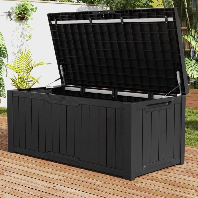 Uforic 120 Gallon Large Outdoor Patio Deck Box,All-Weather Resin Outdoor Storage Boxes with Cushion,Waterproof&Lockable, Black