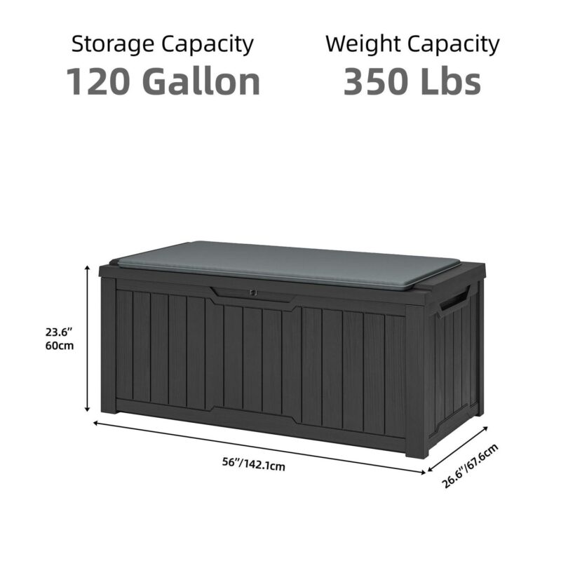 Uforic 120 Gallon Large Outdoor Patio Deck Box,All-Weather Resin Outdoor Storage Boxes with Cushion,Waterproof&Lockable, Black - Image 2
