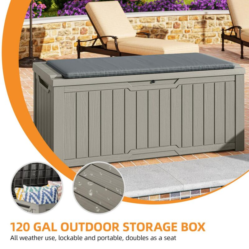 Uforic 120 Gallon Large Outdoor Patio Deck Box,All-Weather Resin Outdoor Storage Boxes with Cushion,Waterproof&Lockable, Light Brown - Image 5