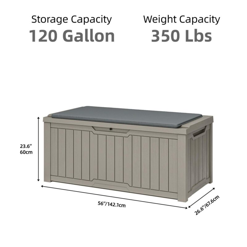 Uforic 120 Gallon Large Outdoor Patio Deck Box,All-Weather Resin Outdoor Storage Boxes with Cushion,Waterproof&Lockable, Light Brown - Image 2