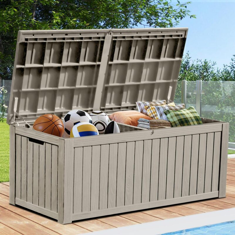 Uforic 150 Gallon Large Resin Deck Box,Outdoor Garden Waterproof Storage Box with Built-in Divider, Waterproof and Lockable,Brown