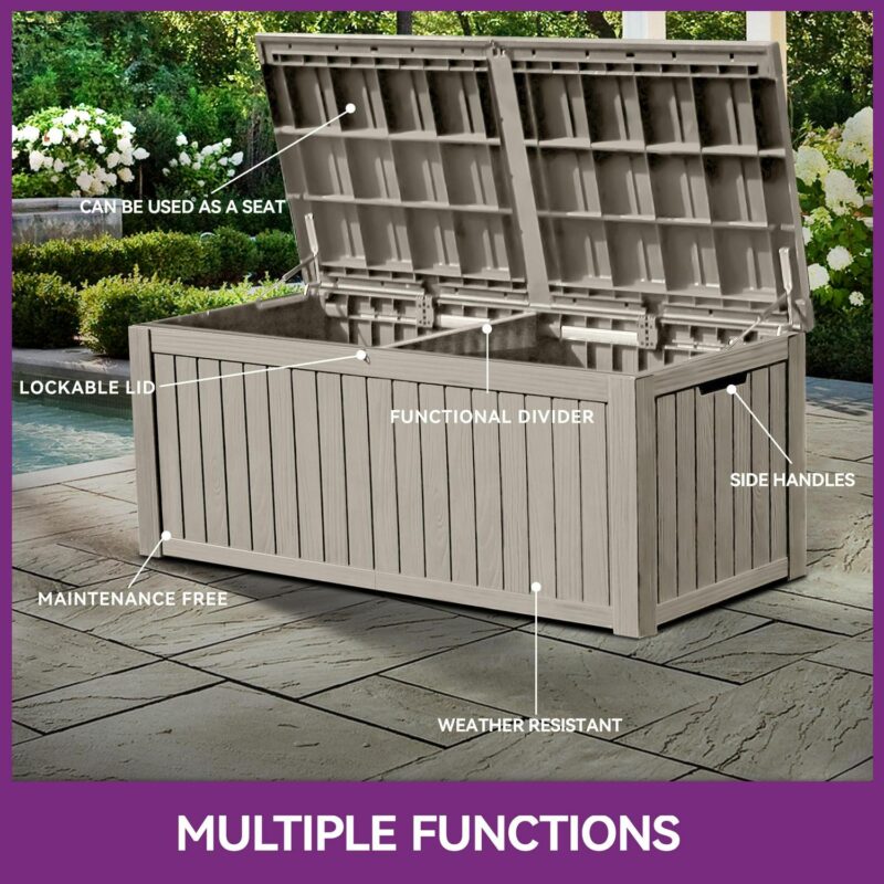 Uforic 150 Gallon Large Resin Deck Box,Outdoor Garden Waterproof Storage Box with Built-in Divider, Waterproof and Lockable,Brown - Image 3