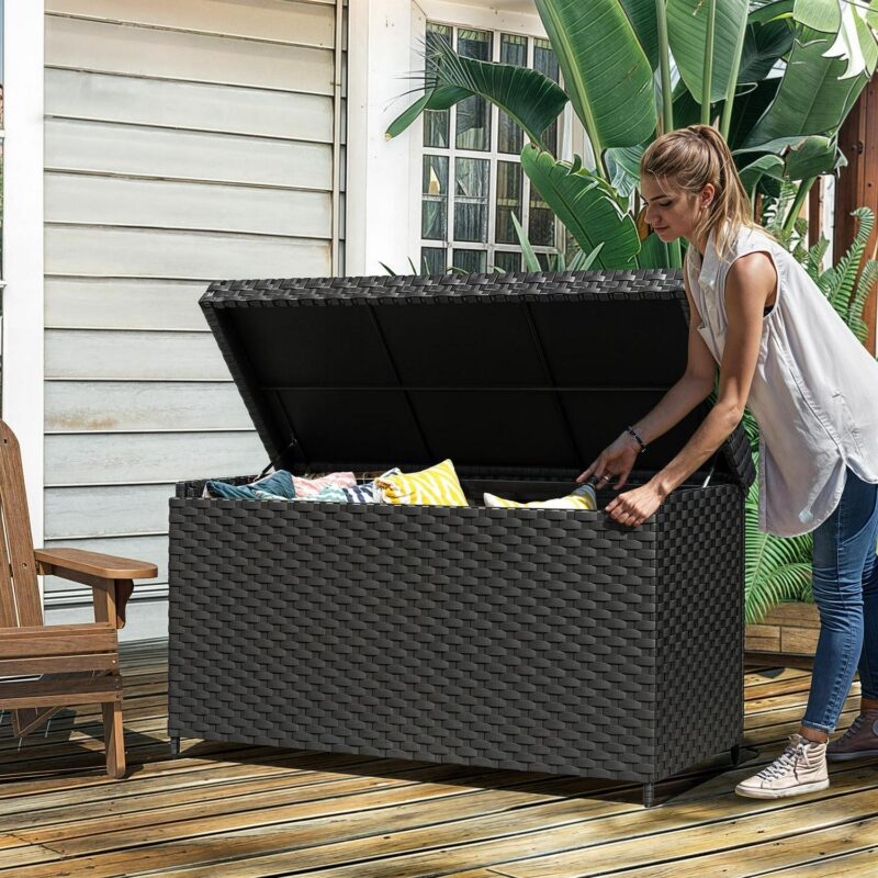 Uforic 230 Gallon Large Wicker Deck Box,Waterproof Outdoor Toy Storage Boxes - Black - Image 4