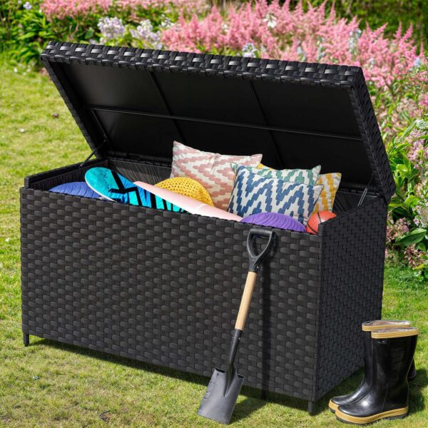 Uforic 230 Gallon Large Wicker Deck Box,Waterproof Outdoor Toy Storage Boxes - Black