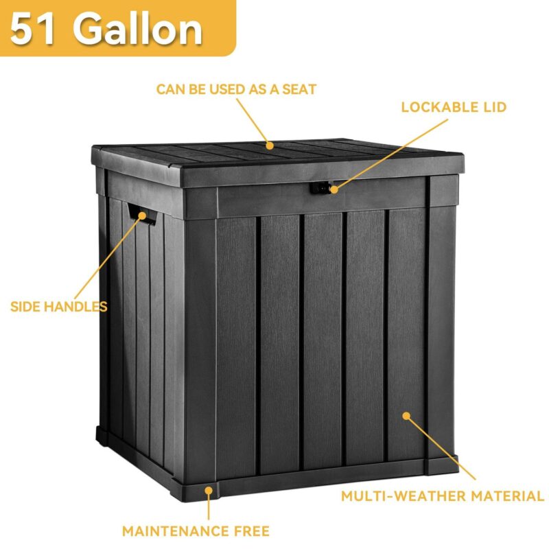 Uforic 51 Gallon Resin Deck Box ,Outdoor Storage Box with Side Handles for Patio Cushions, Garden Tools, Lockable Lid , Black - Image 3