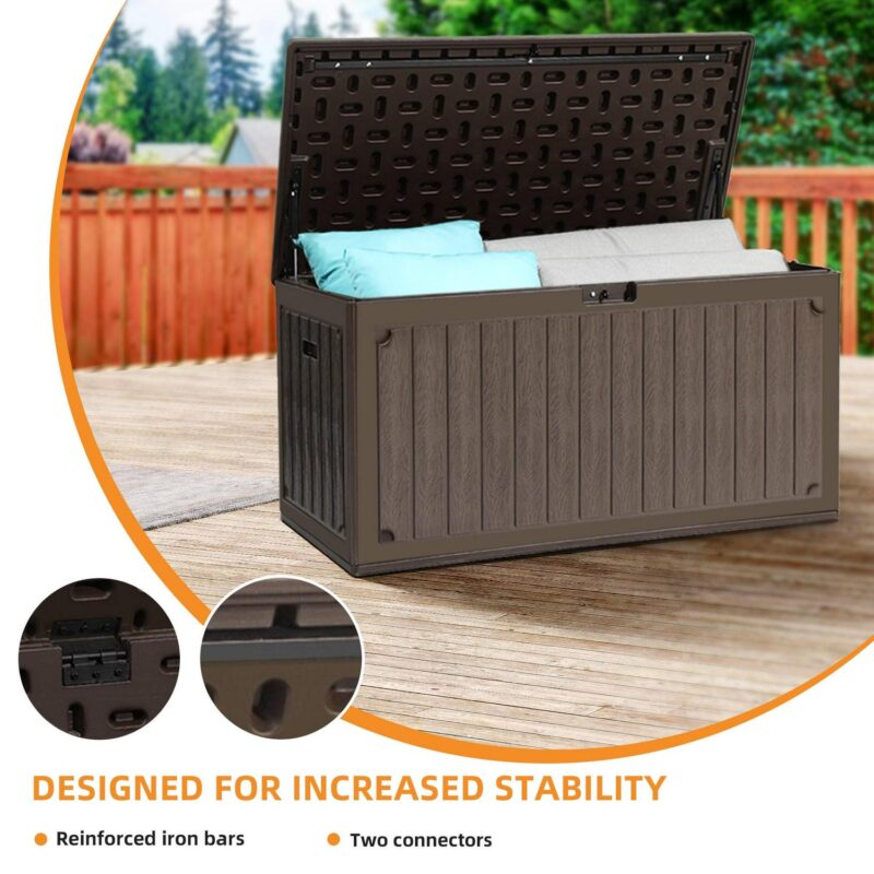 Uforic 90 Gallon Dual-Wall Resin Deck Box, Outdoor Waterproof Storage box with Side Handles,for Patio, Lockable,Brown - Image 3
