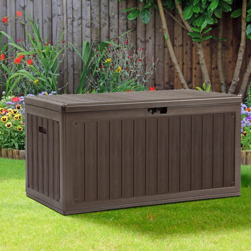 Uforic 90 Gallon Dual-Wall Resin Deck Box, Outdoor Waterproof Storage box with Side Handles,for Patio, Lockable,Brown