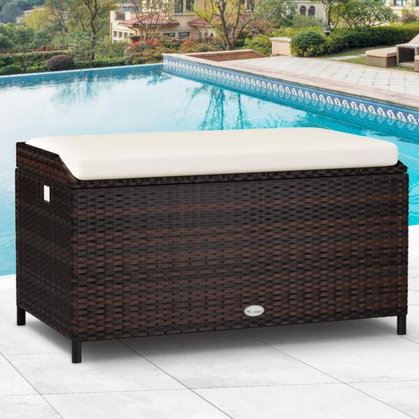 Uforic Large Outdoor Rattan Storage Bench, Spacious PE Wicker Patio Storage Box with Easy-to-Use Handles and Comfortable Cushion, Ideal for Backyard, Courtyard, Outdoor Space