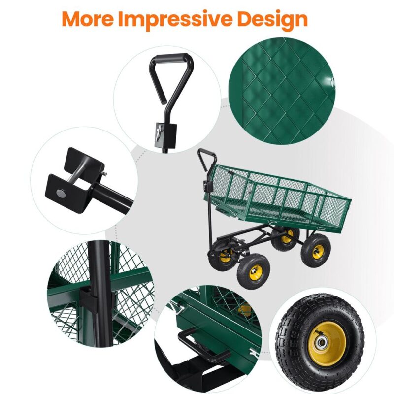 VECUKTY Heavy Duty Steel Dump Garden Cart with Liner, 600lbs Capacity Folding Utility Metal Wagon 3 Cu ft 10  Wheel, Green - Image 6